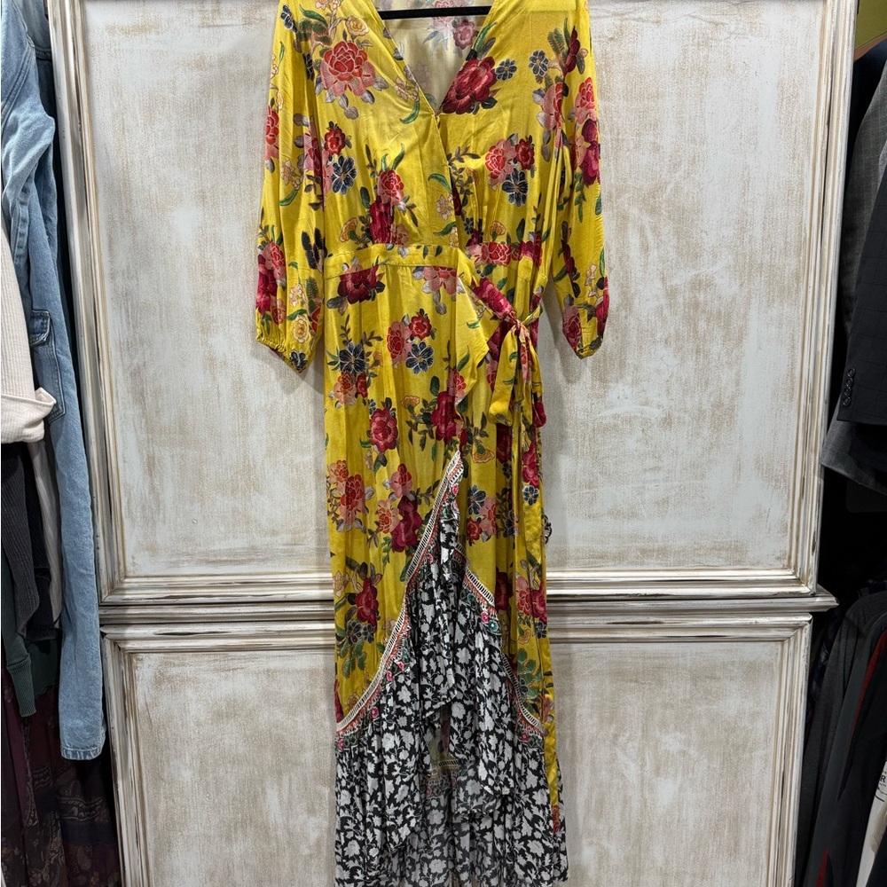 FARM Rio Yellow Floral Wrap Dress with Pink and Red Blooms